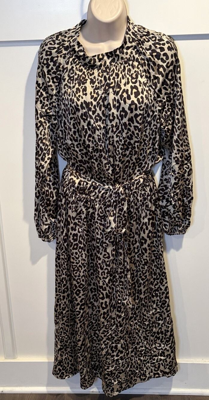 LOFT Plus Black/Beige Leopard Animal Print Belted Balloon Sleeve Midi Dress 16